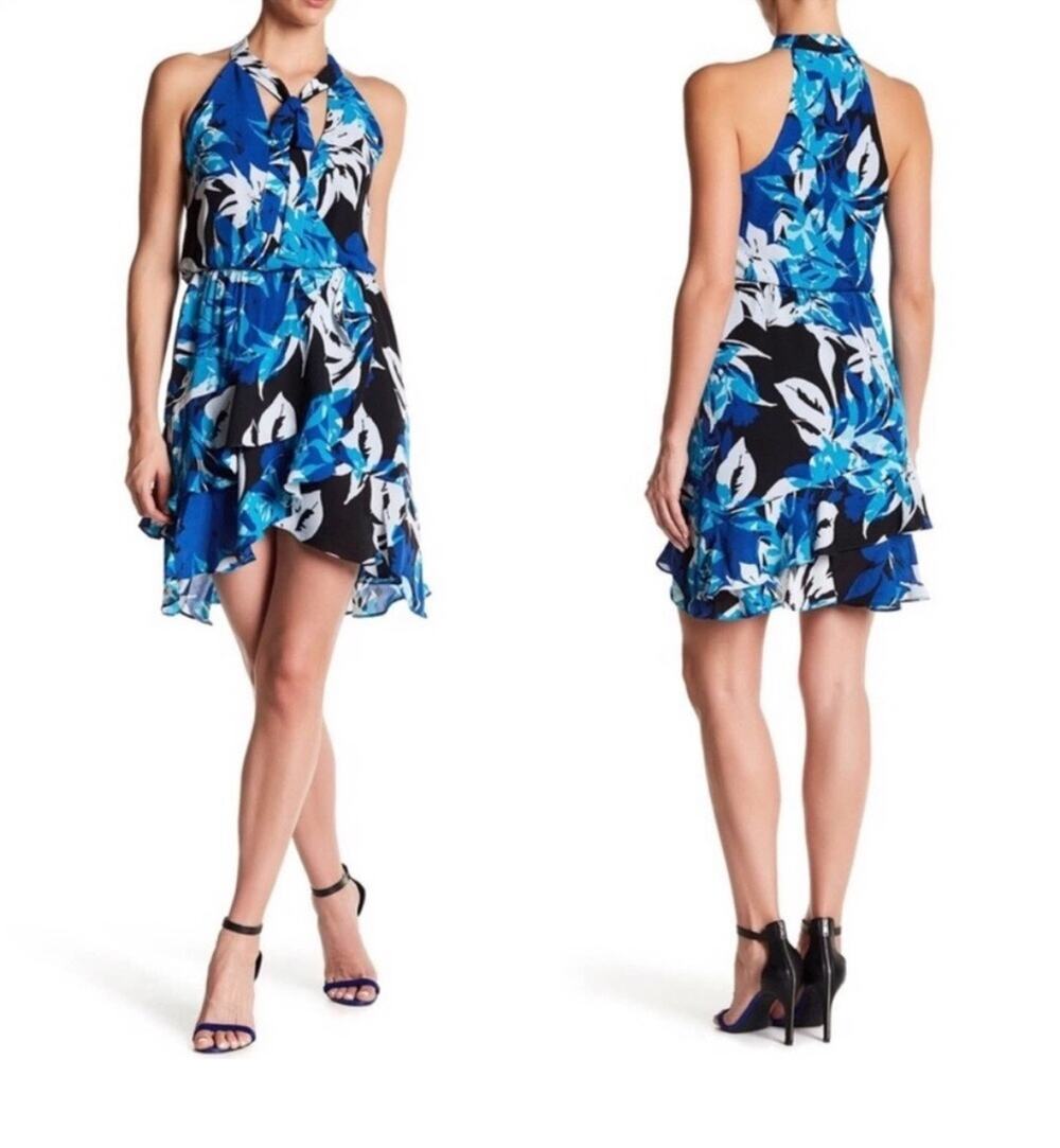PARKER Diane Surplice Wrap Mini Dress Blue Gardenia Abstract Print Medium Whimsy
